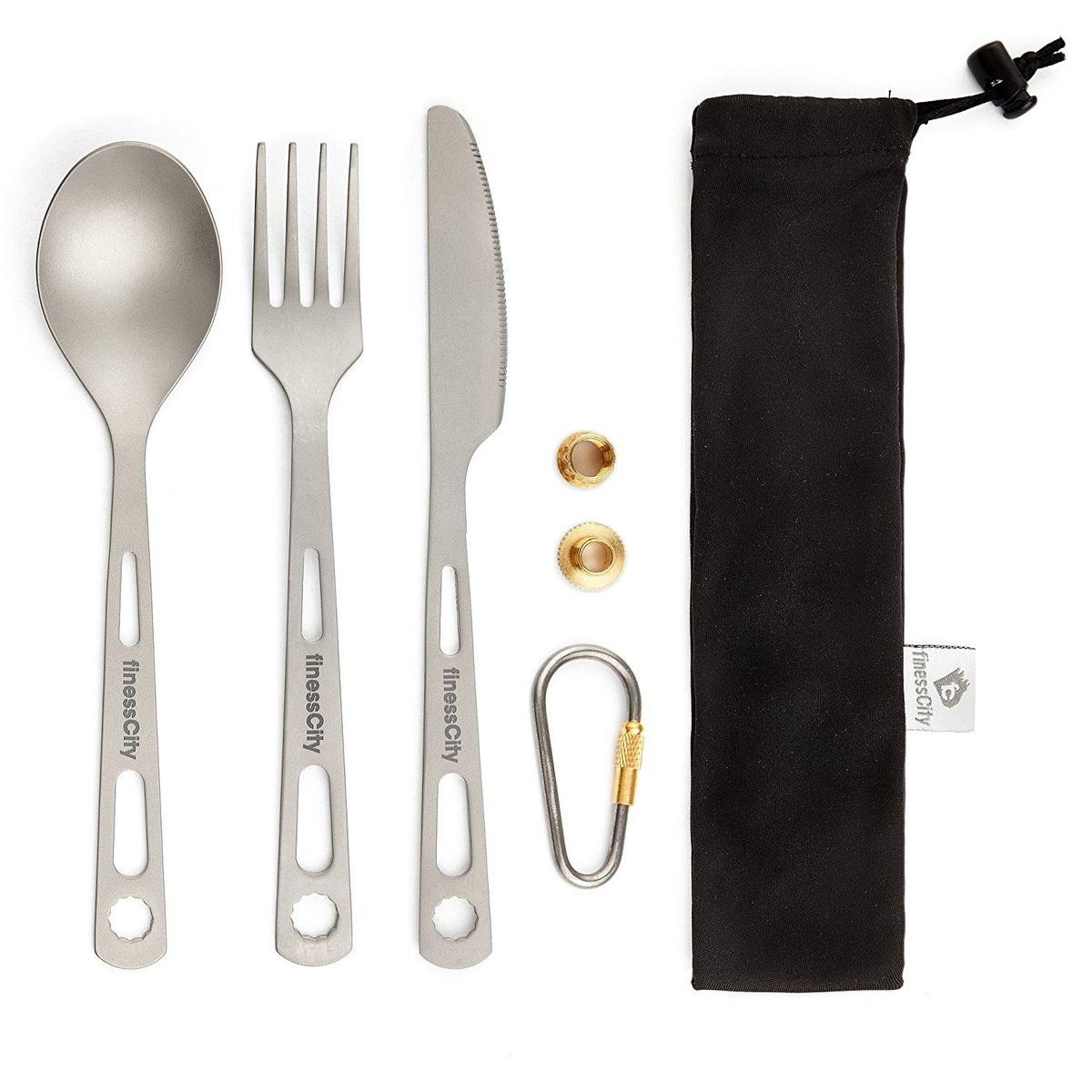 Ultra-Lightweight 3-Piece Titanium Cutlery Set with Carabiner & Carrying Pouch