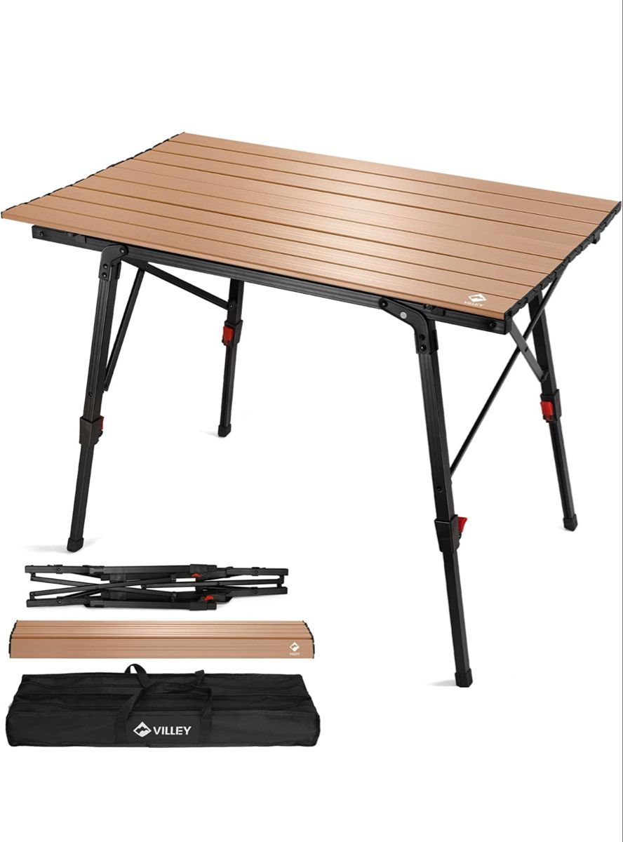 Adjustable Height Folding Camping Table – Portable Roll-Up Aluminum Picnic Table with Wood-Grain Finish